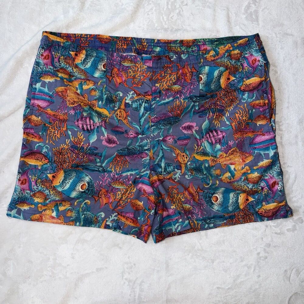 Toucan Dance by Fast Lane Vintage 90s USA Swim Trunks Large AOP Tropical Fish